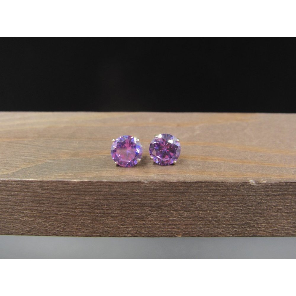 Sterling Silver 8mm Round Purple CZ Stud Earrings Vintage Wedding Engagement